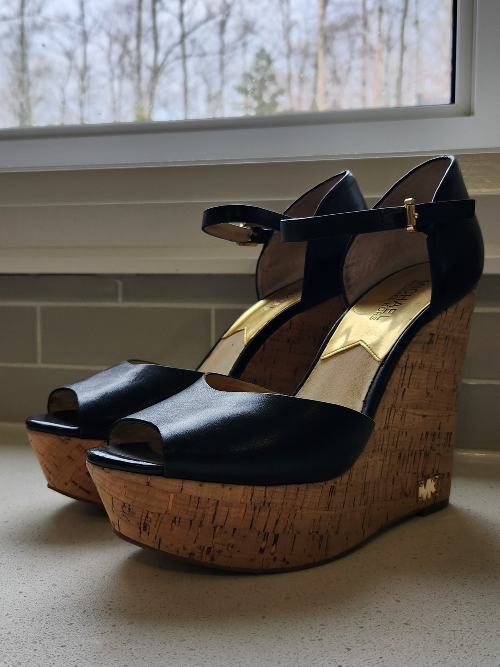 Michael Kors Black Leather Cork Platform Wedge Sandals